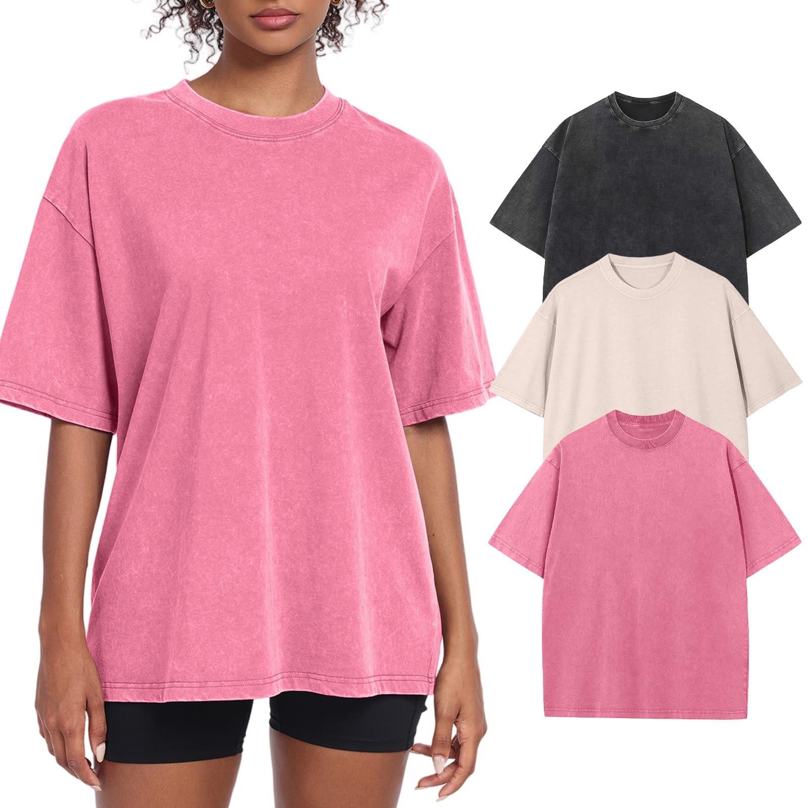 3 Pack Womens Washed Vintage Oversized T-Shirt Baggy Workout Tops Short Sleeve Cotton Tshirts Streetwear Boyfriend Tee(W-PKBGBK,s) Image