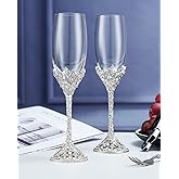 Jozen Gift Champagne Flutes - Crystal Glass Metal Base With Crystal Stones, Set of 2 Toasting Flute Pair, Wedding Anniversary Party Birthday Banquets and Gifts for Bride and Groom(Silver)