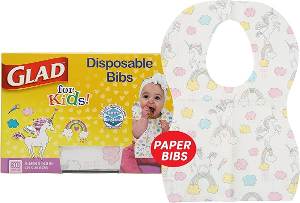 Glad for Kids Unicorn Disposable Paper Bibs with Crumb Catcher, Absorbent Leakproof Bibs for Toddlers and Babies, Mess Free F