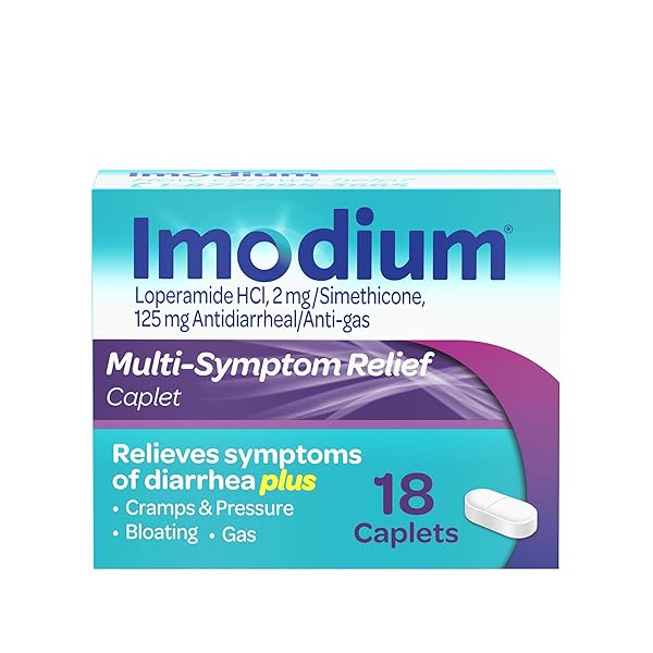 IMODIUM MULTI-SYMPTOM RELIEF CAPLETS, LOPERAMIDE HYDROCHLORIDE & SIMETHICONE ANTI-DIARRHEAL MEDICINE FOR THE RELIEF OF DIARRHEA, GAS, BLOATING, CRAMPS & PRESSURE, HSA/FSA ELIGIBLE, 18 CT