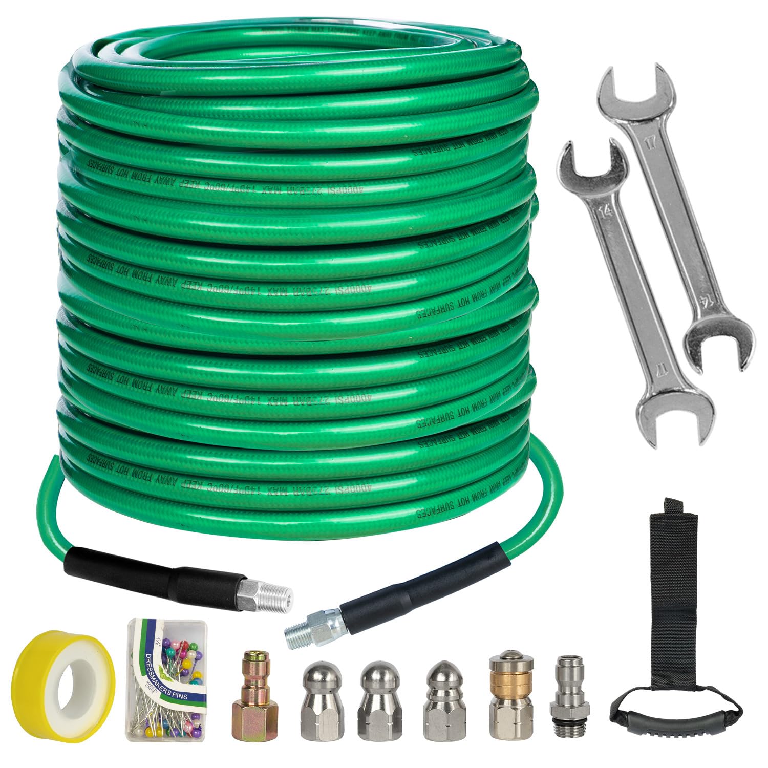 Hourleey Sewer Jetter Kit for Pressure Washer 150FT, 4000 PSI Drain Cleaner Hose 1/4 Inch NPT, Corner Rotating and Button Hose Sewer Jetting Nozzle Pearl Corsage Pin Tape Handle Strap Spanner, Green Image