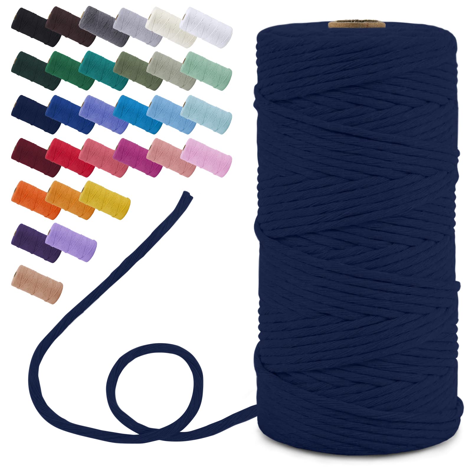 Uiopa Macrame Cord 3mm x 100m, Single Strand Macrame Yarn Thick Thread Natural Cotton Cord, Coloured Macrame Craft String for DIY Crafts, Wall Hanging, Plant Hanger, Tassels (Dark Blue)