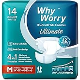 WhyWorry Ultimate Adult Diapers for Men and Women, Disposable Adult Briefs with Tabs for Incontinence, Unisex Incontinence Briefs with Tabs, Ultimate Absorbency, Odor Control, Medium, 14 Count
