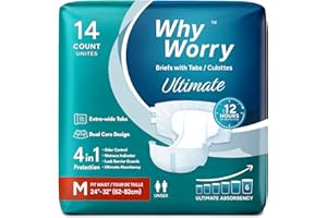 WhyWorry Ultimate Adult Diapers with Tabs, Disposable Incontinence Briefs with Tabs, Unisex Adult Diapers for Women and Men, 