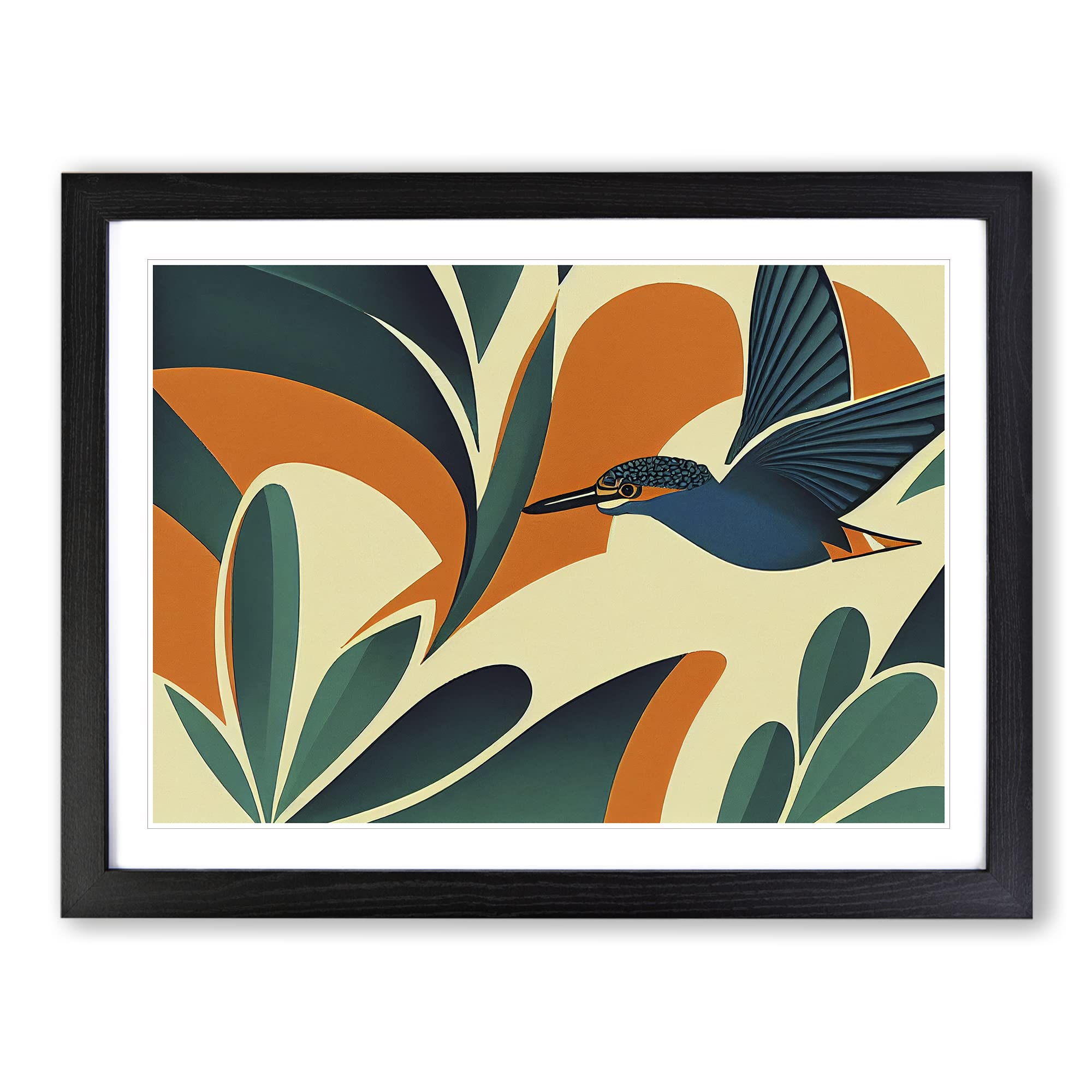 Art Deco Kingfisher Bird Framed Print | A4 Black Framed Wall Art | Ready to Hang | Art Deco Nature Picture | Living Room Bedroom Lounge Office