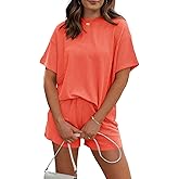 RUBZOOF Women's 2 Piece Sets Short Sleeve Outfits Ribbed Textured Knit Lounge Shorts Set Oversized Tracksuit Matching Sets