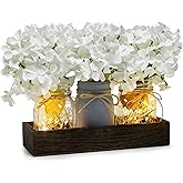 Nagobi Mason Jar Centerpiece Table Decor for Dining Room Farmhouse Coffee Table Decor with Wood Tray Fairy Lights Fake Flowers for Valentine's Day Kitchen Living Dining Room - White, 11 inches