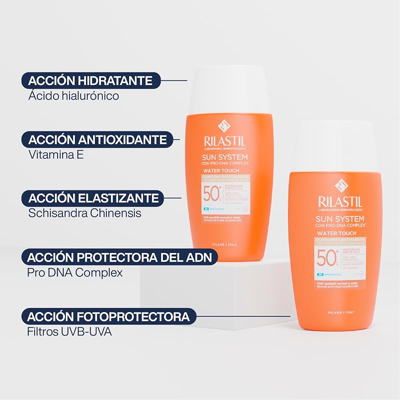 Rilastil Sun System Fotoprotector Water Touch SPF50+ Com Cor, Protetor Solar Facial Leve à Base de Água, Resistente à Água, com Ácido Hialurónico e Vitamina E - 50 ml