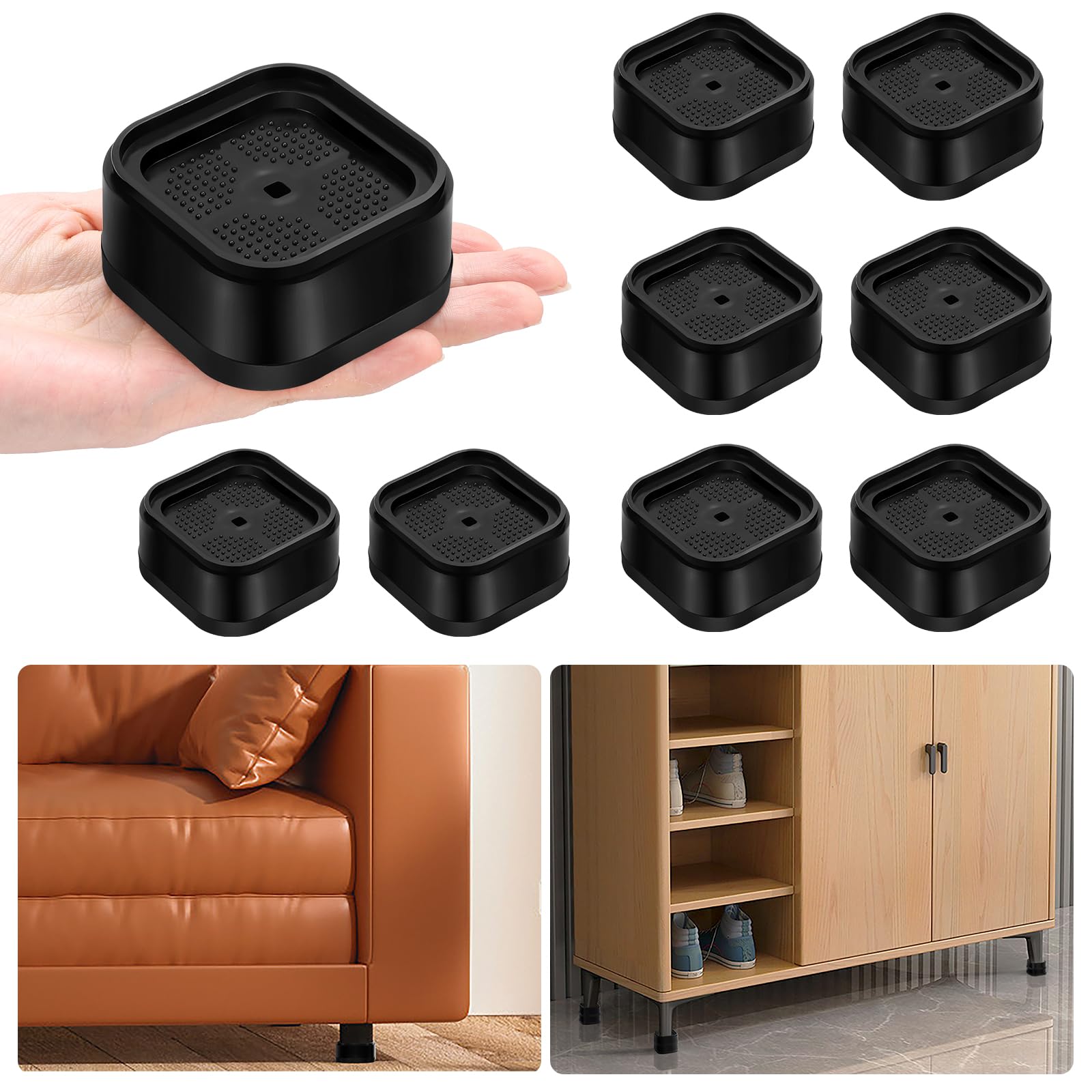 Photo 1 of shouwuhho 8 Pack Furniture Risers Adjustable Bed Risers Heavy Duty Lifts Height 1", Square Stackable Bed Risers 1, 2 or 3 Inch for Desk Leg Table Couch Sofa Chair Bed Frame Legs Dorm, Black