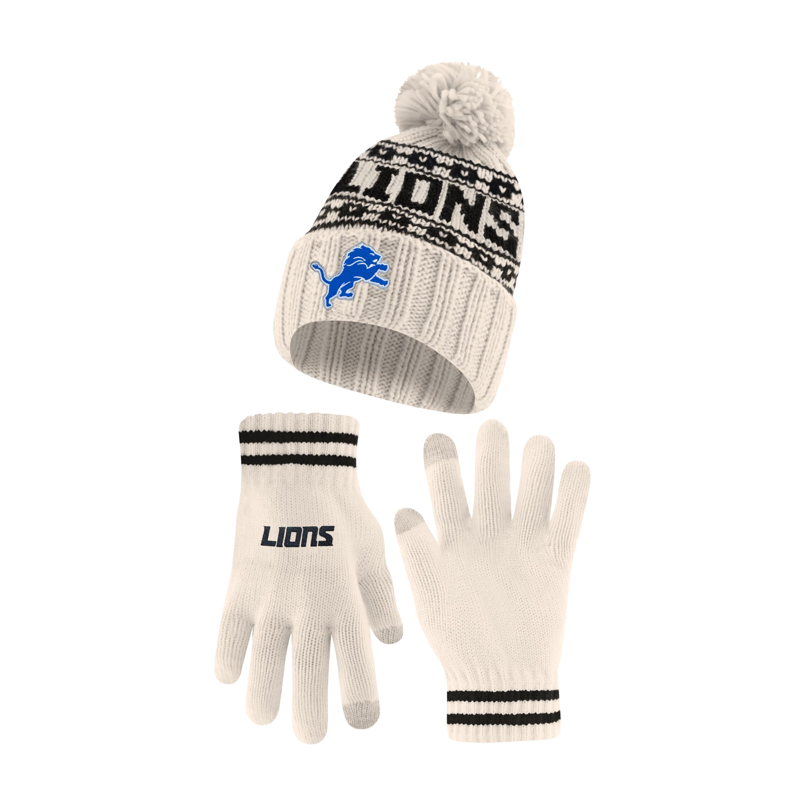 Ultra Game NFL Official Adults Unisex Super Soft Cable Knit Winter Beanie Knit Hat with Extra Warm Touch Screen Gloves, Detroit Lions, Natural, 1SIZE Image
