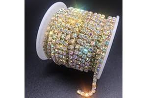Dowarm 1 Roll 10 Yards Rhinestone Chain, Crystal Rhinestones Close Chain, Sew on Crystal Rhinstone Chain Trim, Crystal Claw Cup Chain Roll (Gold AB, SS8 2.8MM)