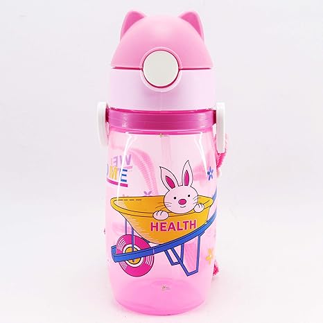 Rachnas Non-Toxic Sipper Water Bottle for School Travelling Outdoors/Kitten Ears Flip Cap Healthy Bunny Print with Detachable Strap - 268 - Pink - 450ML (Prints/Design May Vary)