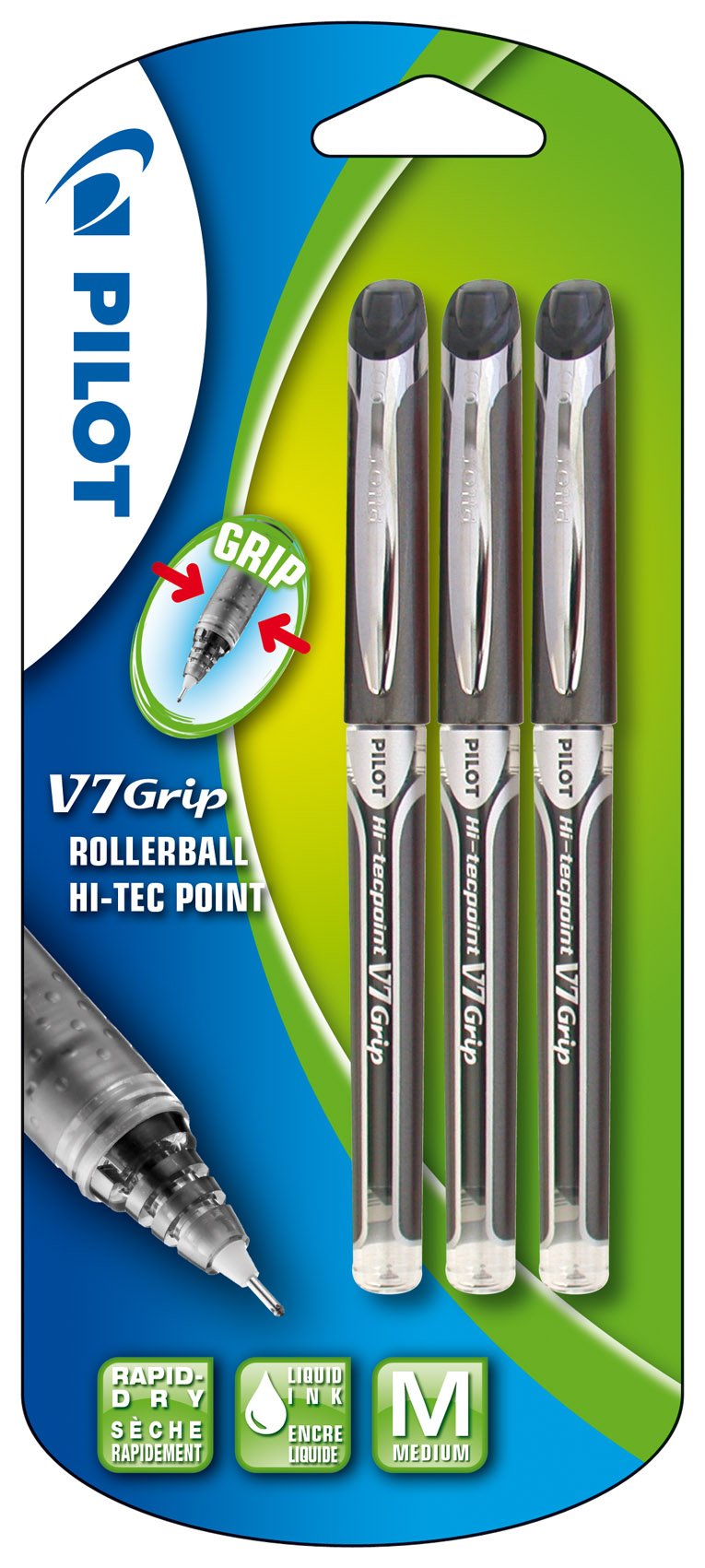 Pilot V7 Grip Liquid Ink Rollerball 0.7 mm Tip (Pack of 3) - Black