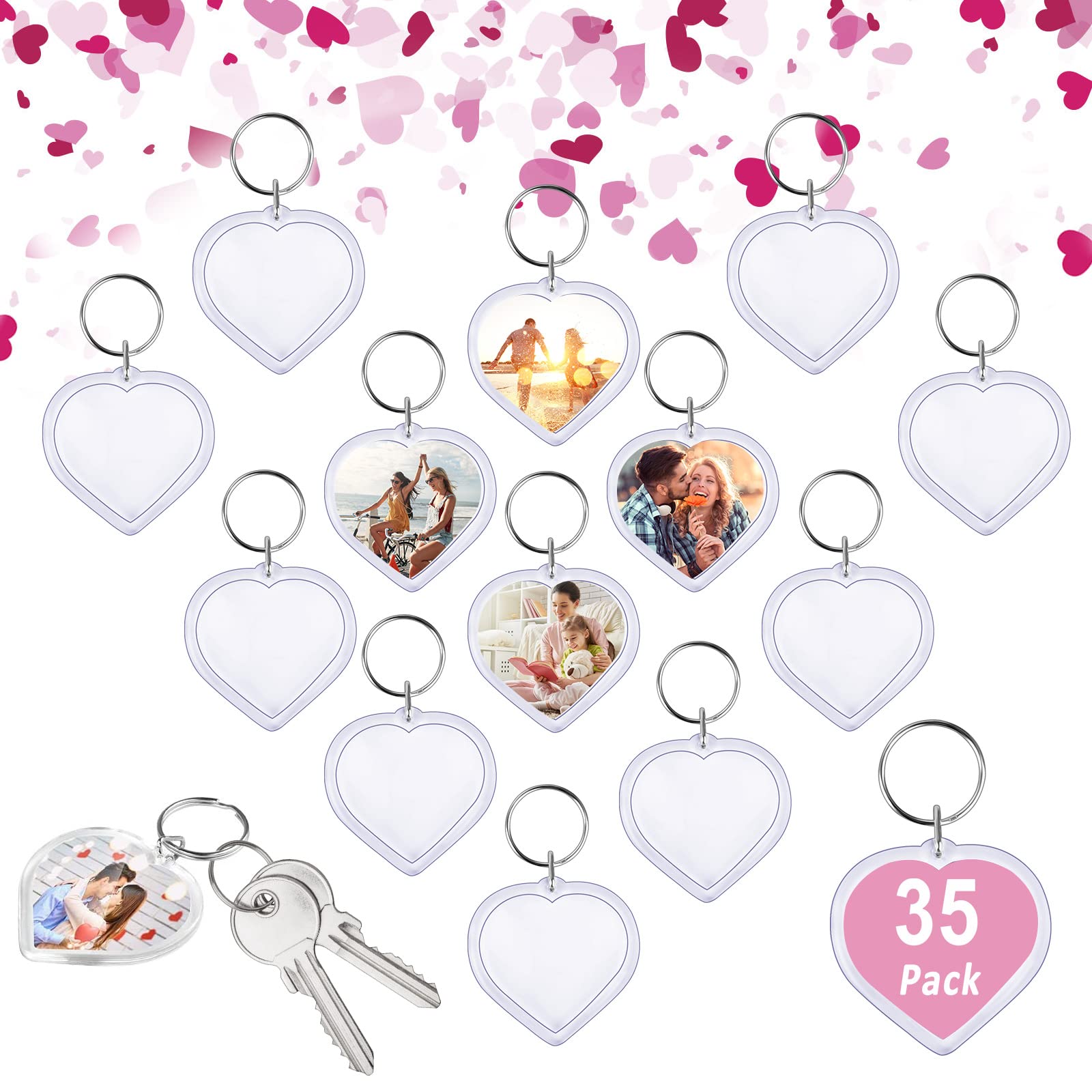 Heqishun 35 Pieces Photo Keyrings, Heart Shaped Acrylic Blank Keyrings, Double Sided Blank for Crafts, Acrylic Clear Photo with Split Ring