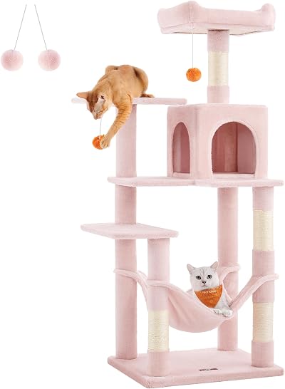 Feandrea Cat Tree Tower 143 cm Pink Multi Level with 2 Perches Cave Hammock