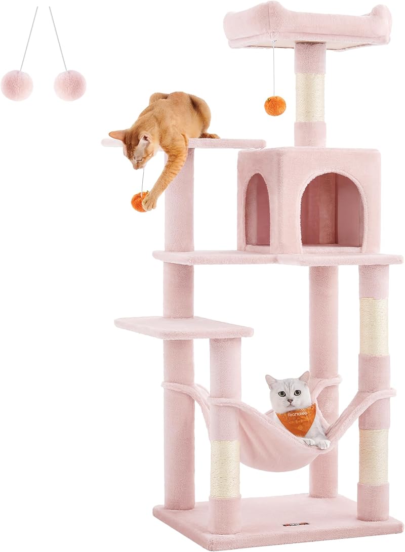 Feandrea Cat Tree Tower 143 cm Pink Multi Level with 2 Perches Cave Hammock