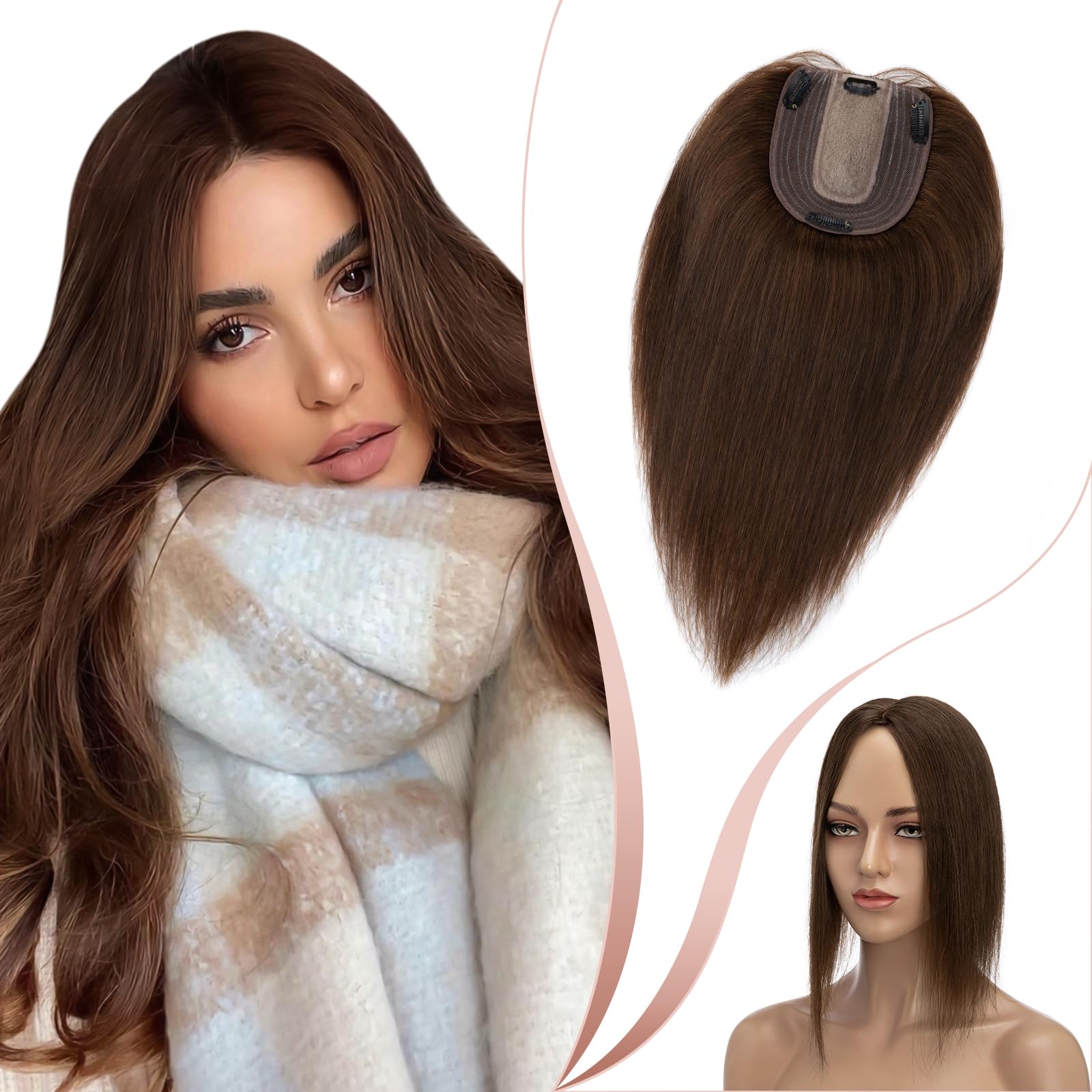 Elailite Human Hair Real Hair Topper For Women - Clip in Toupee Extensions MIDDLE SILK BASE Crown HairPiece (#04 Medium Brown, 14 Inch)