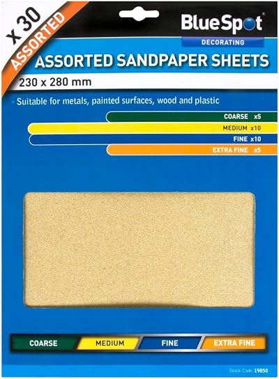 Blue Spot 19850 Assorted Sandpaper Sheets 30pc Multi-Surface Wood Metal Plastic
