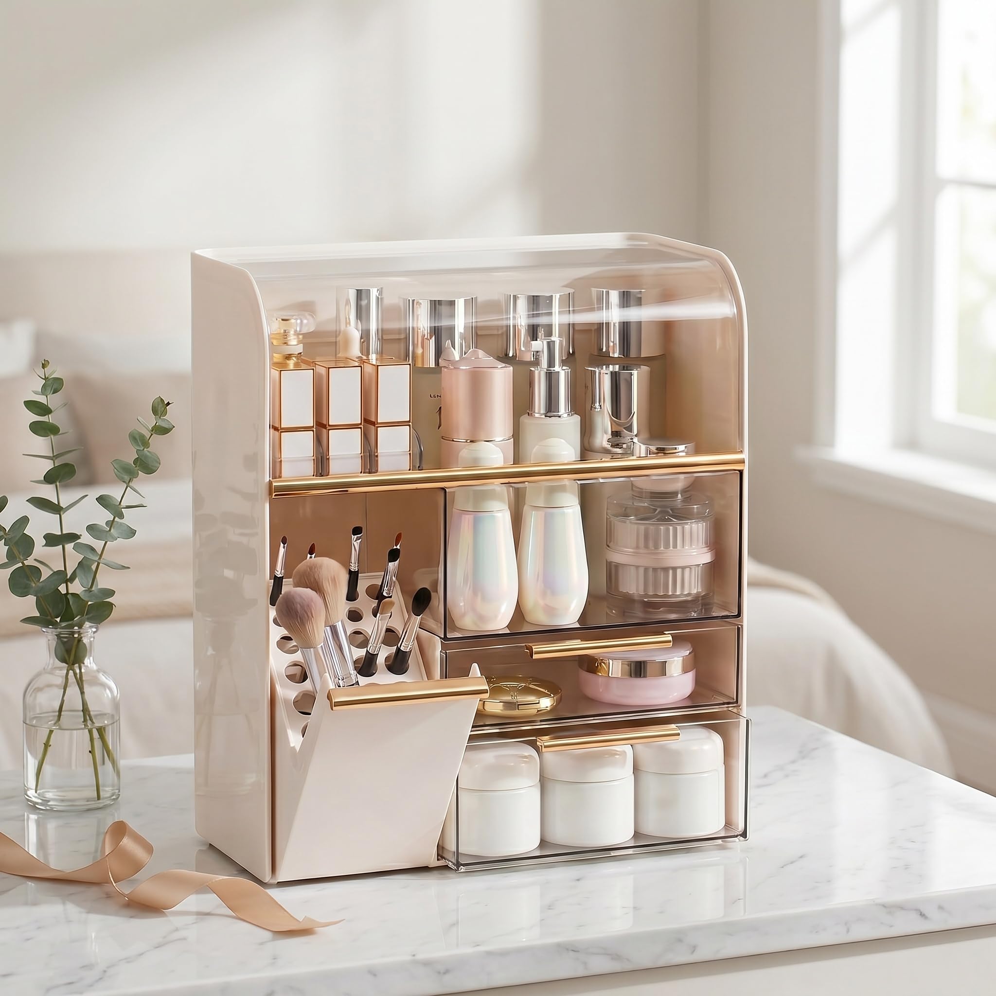 Condition photo showing New/Like New for large cosmetic display case with brush holder,holds 40+ skincare & beauty essentials,6 compartments