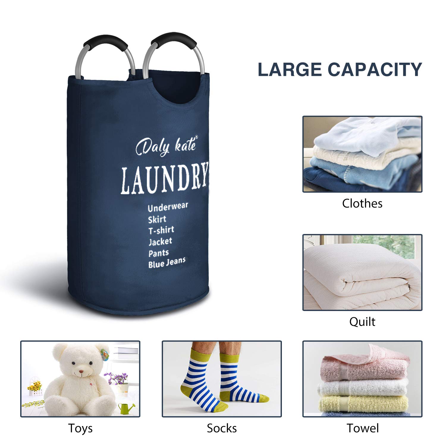 Daly Kate Large Laundry Bag Collapsible Oxford Fabric Laundry Hamper Bag with Aluminium Handles Foldable Tote Clothes Basket for Laundry and Storage-Dark Blue