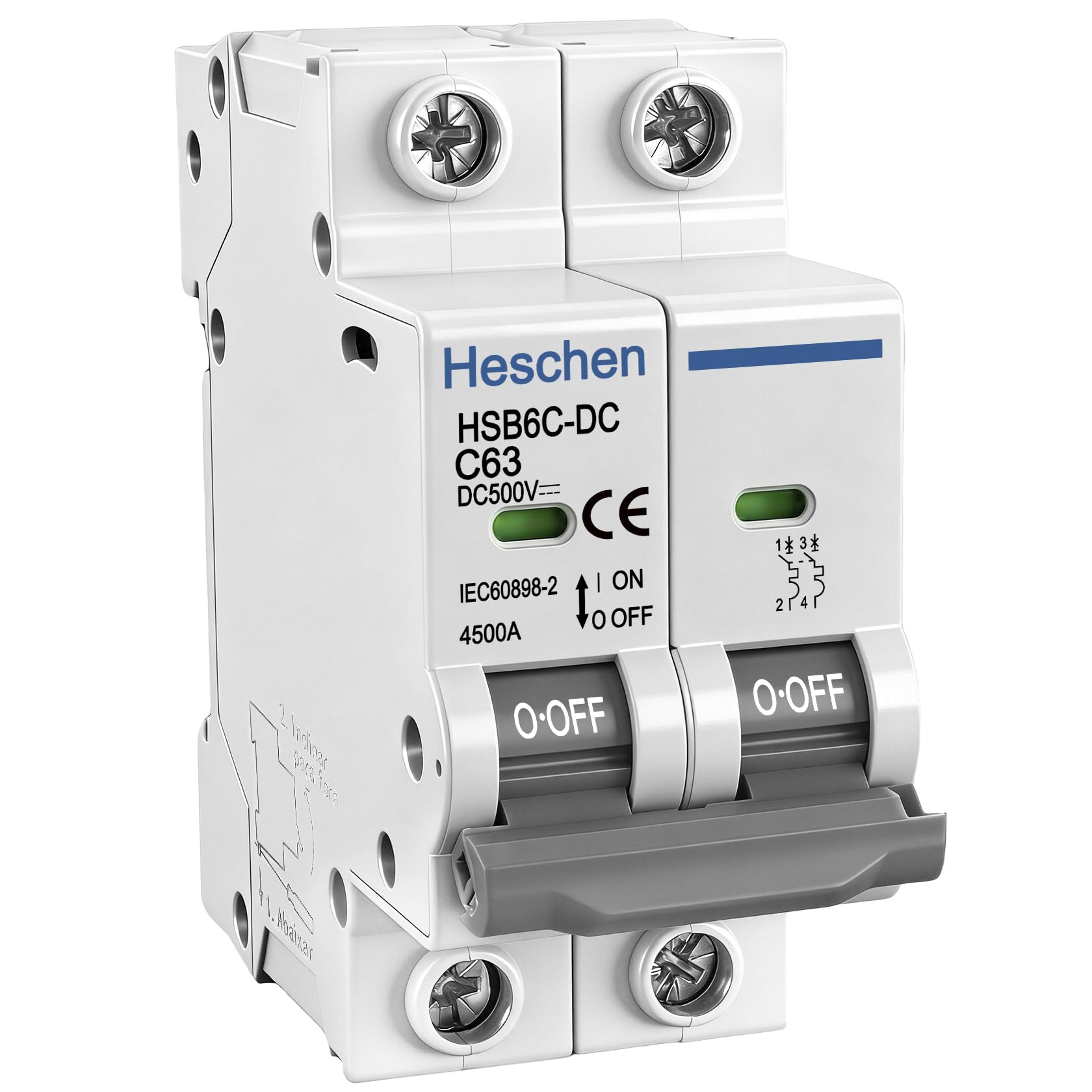 Heschen DC Miniature Circuit Breaker, HSB6C-DC, 2 Poles, DC500V 63A, Photovoltaic Circuit Breaker, for Solar PV System Solar Panels Grid System, 35mm DIN Rail Mounting (63, Amps)
