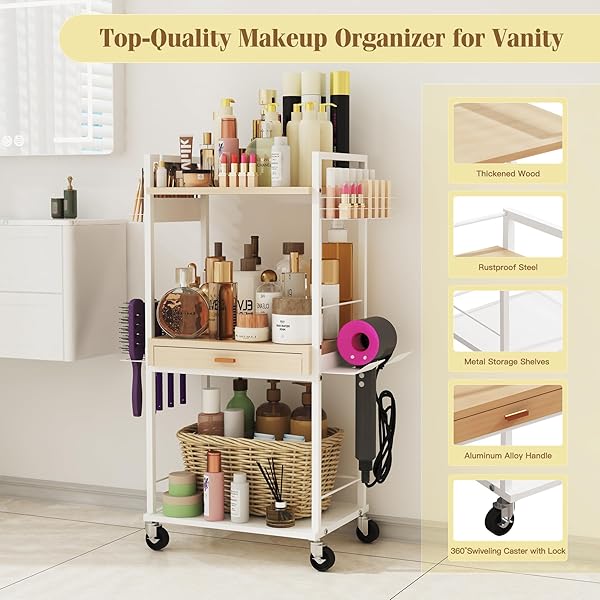 XUBIALO 3 TIER ROLLING UTILITY CART WITH WOODEN DRAWER, STABLE AND STURDY MADE OF MULTIFUNCTIONAL STORAGE ORGANIZER TOOL FOR KITCHEN, BATHROOM, MAKEUP, LIVING ROOM, BABY ESSENTIALS, WHITE
