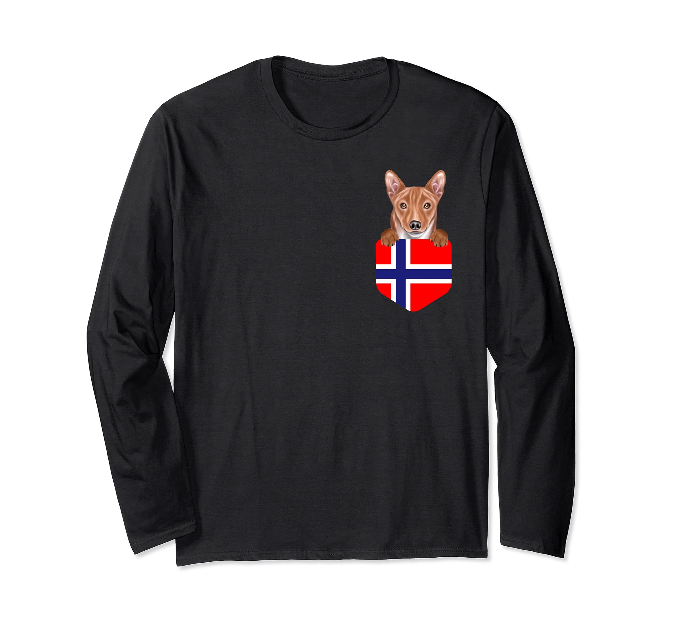 Norway Flag Basenji Dog In Pocket Long Sleeve T-Shirt
