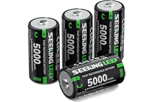 SEEKING LED Rechargeable C Batteries 4 Pieces, Ni-MH 5000mAh High Capacity C Battery, 1200 Tech Ni-MH Batteries, Low Self-Dis