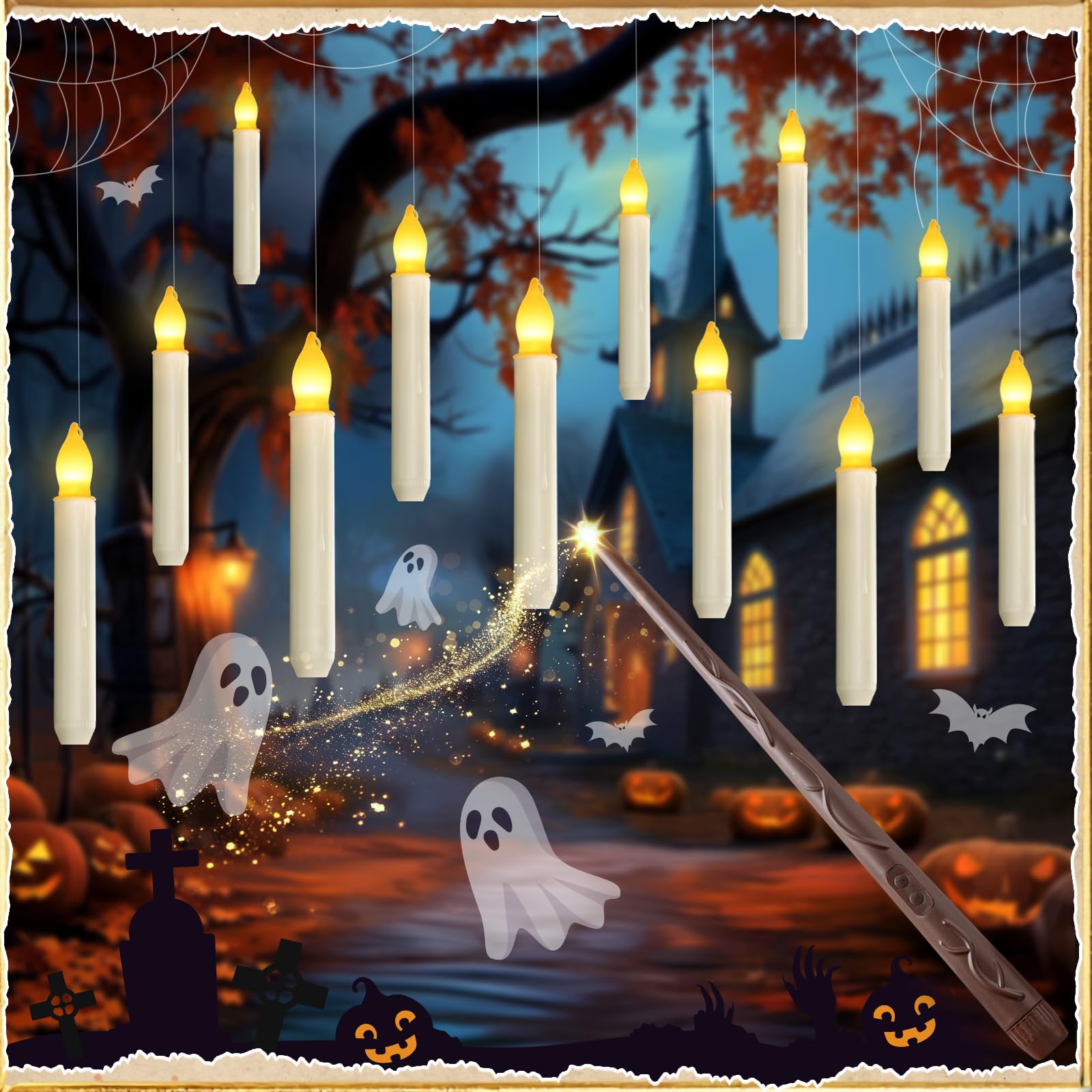 Photo 1 of Homemory Floating Candle with Wand Remote, 12 Pcs Magical Candlesticks Witch Decors, Warm Yellow Flameless Taper Candles Battery Operated, LED Window Candle for Halloween Party Decor