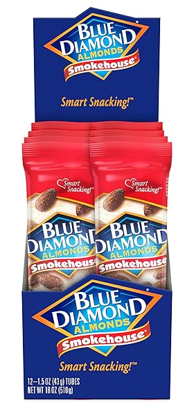 BLUE DIAMOND ALMONDS, SMOKEHOUSE FLAVORED SNACK NUTS, SINGLE SERVE BAGS (1.5 OZ. TUBES, PACK OF 12)