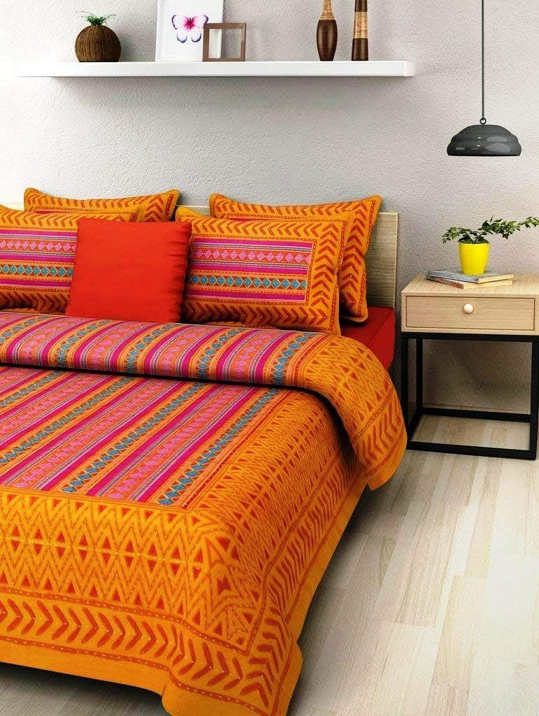 JAIPUR PRINTS Cotton 250 TC Double Bedsheet with 2 Pillow Cover (Yellow)