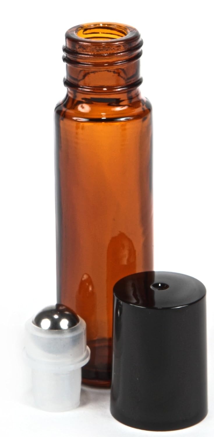 Vivaplex, 6, Amber, 10 ml Glass Roll-on Bottles with Stainless Steel Roller Balls - .5 ml Dropper included : Beauty