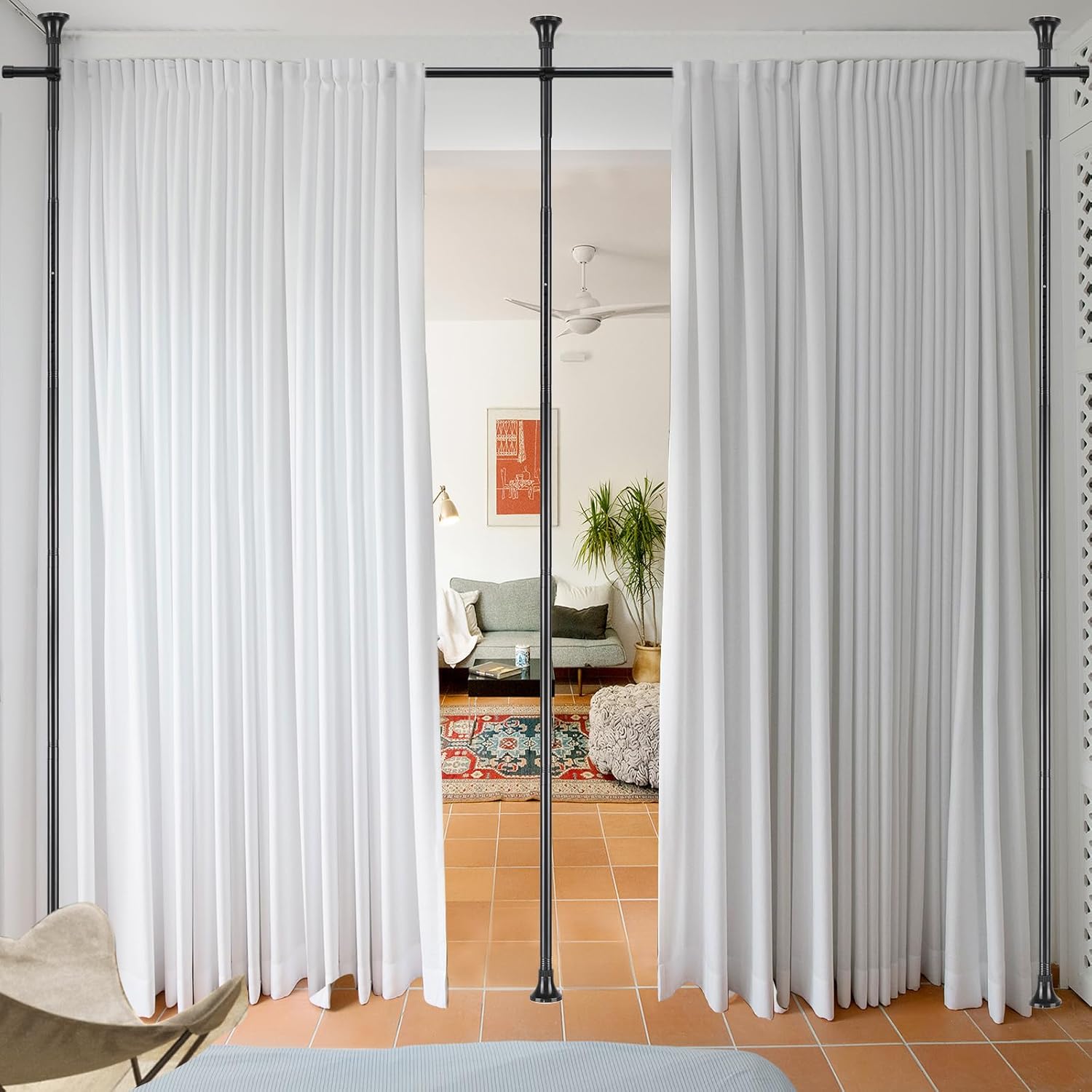 Window Treatment Hardware - Room Divider Curtain Rod, No Drilling Rod, 4-10ft (H) 28-114inch(W) Adjustable Heavy Duty Floor to Ceiling Self Stand - Anywhere Freestanding Damage Free for Space Partition Matte Black
