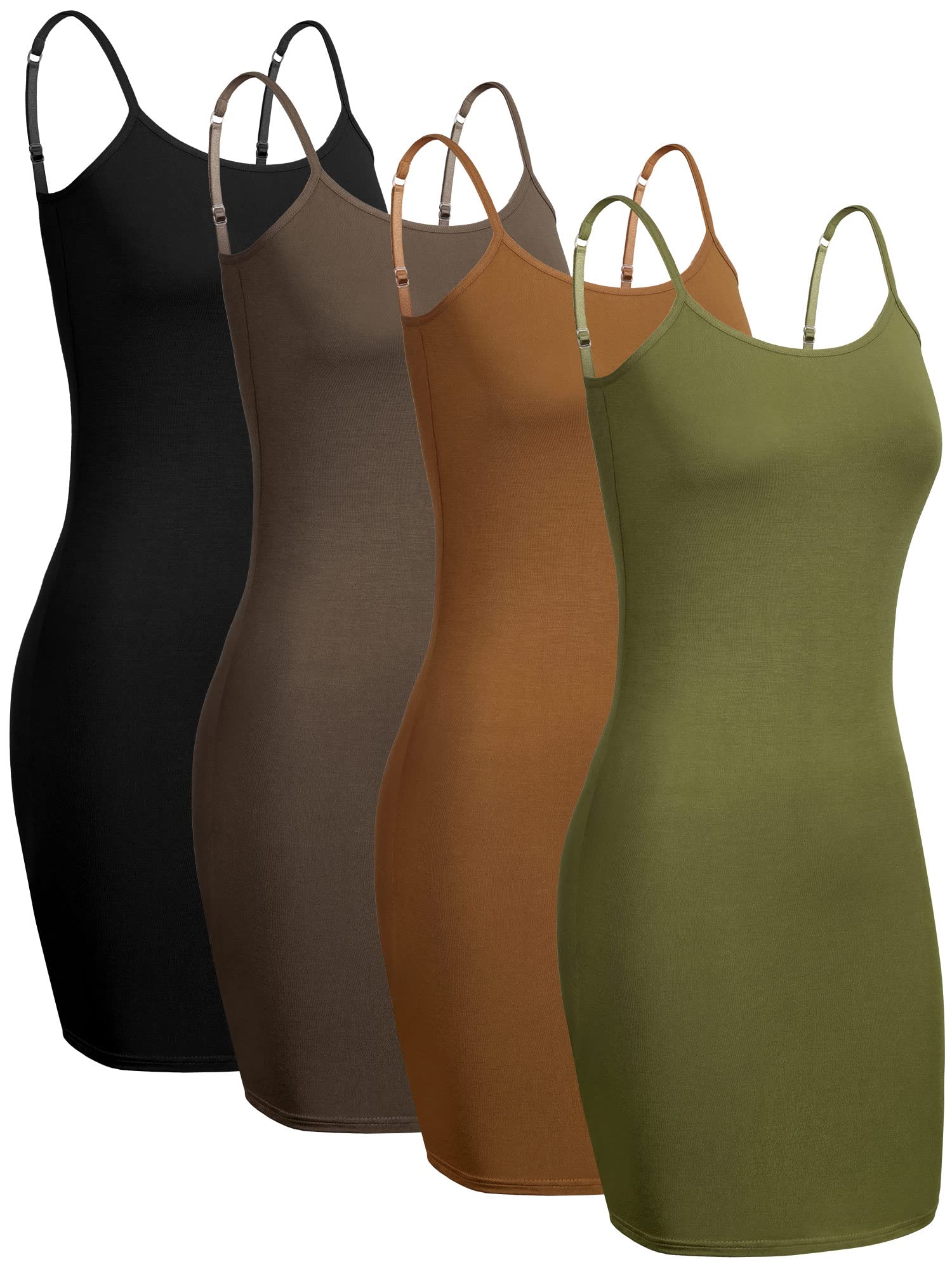 Photo 1 of 4 Pcs Women's Basic Solid Slip Dress Spaghetti Strap Cami Women Layering Camisole Adjustable Long Tank Top (Warm Colors, XXLarge)