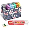 FINPAC Weekly Pill Organizers 4 Times A Day, Slide Open PU Leather Case Travel Pill Vitamin Medicine Reminder and Planner with Name Card for Morning| Afternoon| Evening| Bedtime (Blooming Hibiscus)