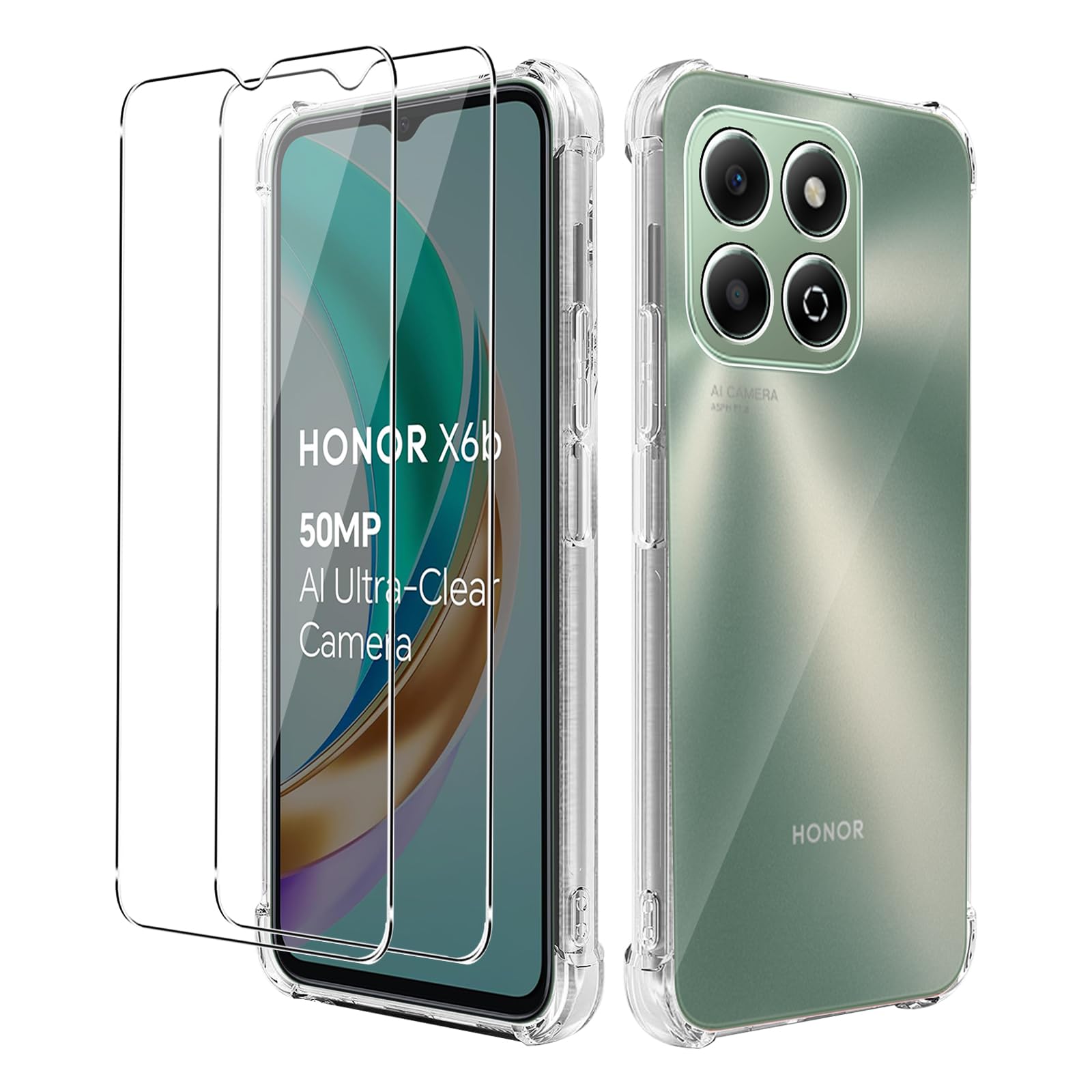 KZIOACSH Case for Honor X6B, Flexible Ultra Transparent [Anti-Scratch] Soft TPU Case Full-Body Protection Shock Absorption Rugged Bumper Cover with 2 Tempered Glass Screen Protector for Honor X6B