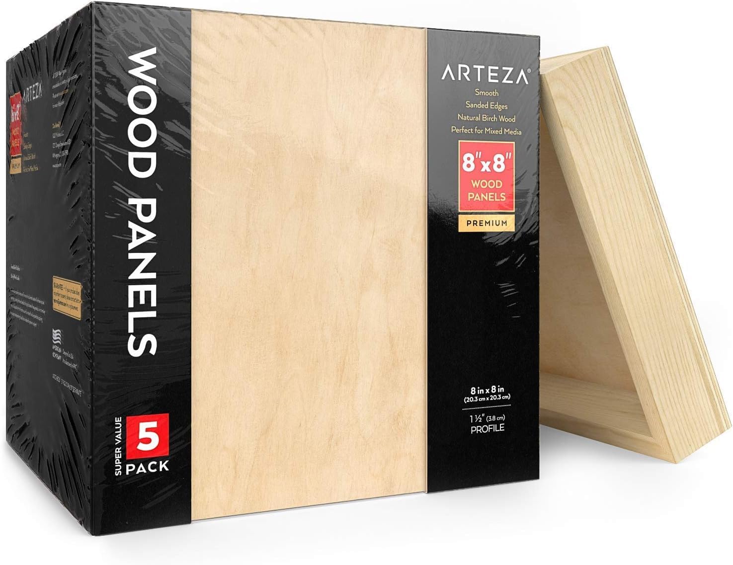 ARTEZA Wood Canvas Boards, 8 x 8 Inches, Pack of 5, Birch Wood, Wooden Panels for Acrylic and Oil Painting, Wood Burning, Crafting