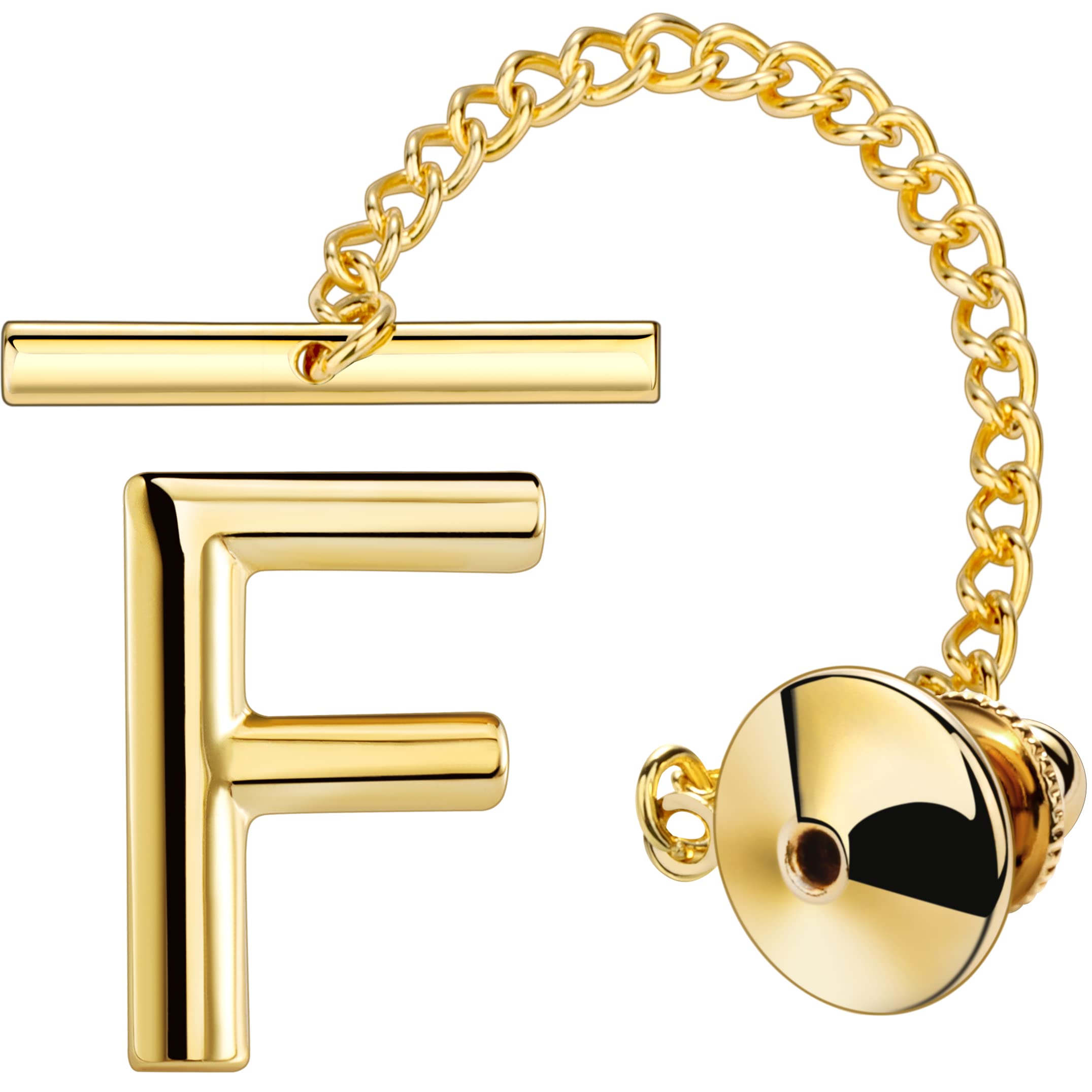 AMITER Men Tie Tack Initial Silver Gold Tie Pin with Chain - Best Accessories for Necktie, Bow Tie, Hat and Suspenders, brass, letter