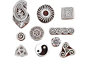 Wooden Printing Stamps Set in Paisely and Floral Design - Handcarved Indian Textile Printing Blocks Wooden Clay Pottery Stamps for Fabric, Card, Henna Stamps- Set of 10 Hashcart®