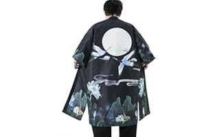 Seidarise Men's Long Kimono Cardigan Jacket Japanese Style Flying Crane Open Front Coat