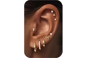 M MOOHAM Flat Back Earring Stack for Women Teen Girls, Stocking Stuffers | Hypoallergenic Earrings for Sensitive Ears, Small Gold Stud Hoop Earring Set, Cute Bow Cartilage Earrings for Teen Girl Gifts