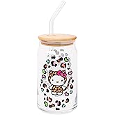 Silver Buffalo Sanrio Hello Kitty Leopard Print Glass Tumbler with Bamboo Lid and Glass Straw, 16 Ounces