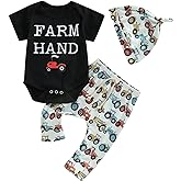 Twopumpkin Infant Baby Boy Farm Letter Bodysuit Romper and Long Pants Newborn Coming Home Outfit Cute Clothes Sets with Hat