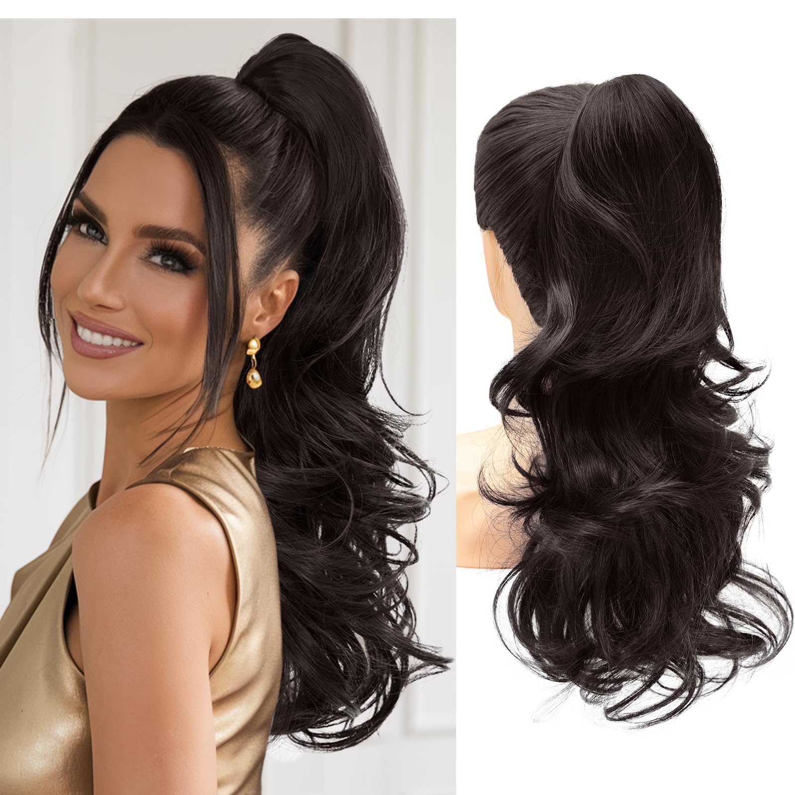 Photo 1 of NAYOO Claw Clip Ponytail Extension Black Brown 18" Long Wavy Ponytail Clip in Hair Extensions for Women Curly Natural Layered Pony Tails for Short Thin Hair Synthetic Hairpiece(Black Brown)