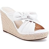 Womens Espadrilles Slip on Wedge Sandals Slides Bow Tie Platform Open Toe Summer Mules Shoes, Beige, Size 9