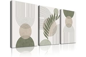 KBKBART Sage Green Boho Wall Art Set of 3, Minimalist Framed Wall Art Geometric Line Leaf Sun Moon Beige Green Canvas Artwork