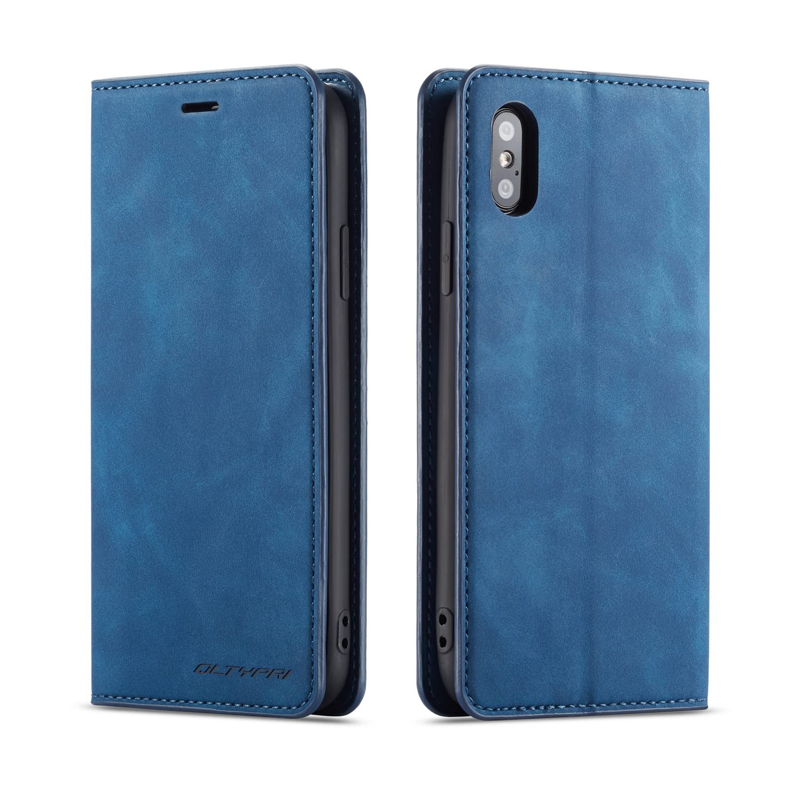 QLTYPRI Case for iPhone X iPhone XS, Premium PU Leather Cover TPU Bumper with Card Holder Kickstand Hidden Magnetic Adsorption Flip Wallet Case Cover - Blue