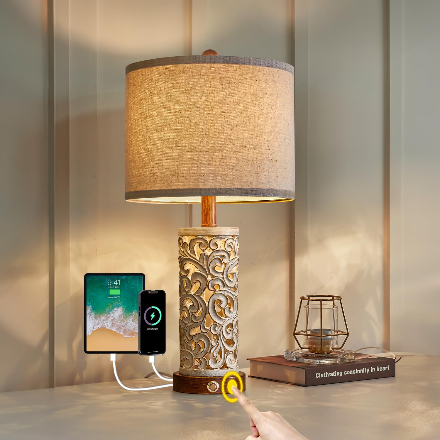 Photo 1 of OYEARS 3-Way Dimmable 22'' USB A+C Touch Control Table Lamp with Nightlight for Living Room Bedroom Farmhouse Bedside Nightstand Lamps (Brown Bulb Included