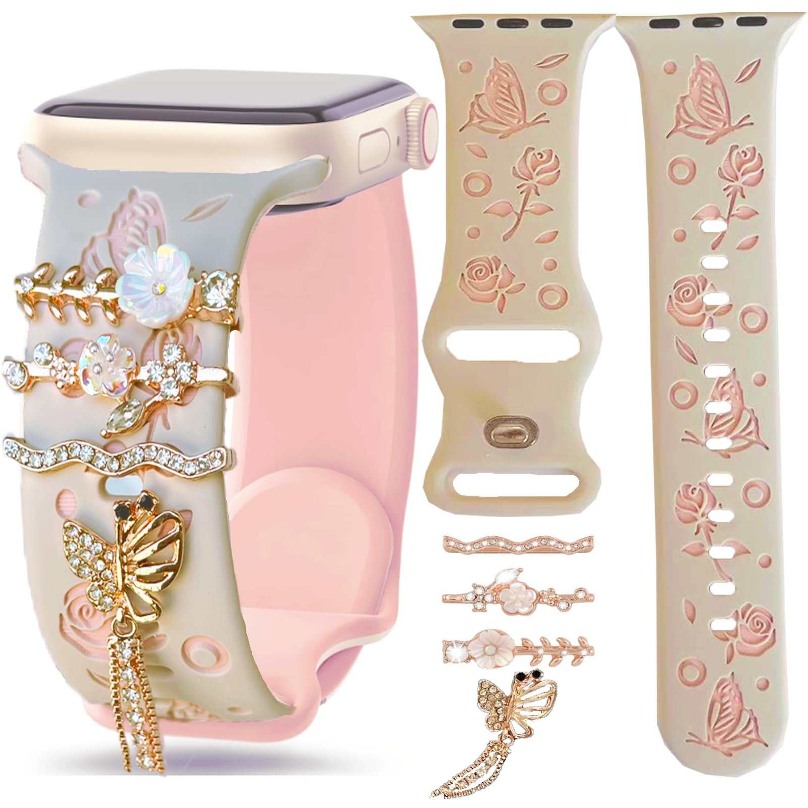 Floral Engraved Pink Silicone Band with Charms Compatible Apple Watch Women 38mm 40mm 41mm 42mm 44mm 45mm 46mm 49mm,Jullstar Butterfly Summer Flower Strap Starlight Black Purple for iphone Watch Series Ultra 11 10 9 8 7 6 5 4 SE 3 2 1-R Pink38