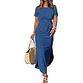 Prinbara Womens Summer Maxi Dress Casual Short Sleeve Tie Waist Split Long Tshirt Dresses 2026 Spring Vacation Cruise Clothes